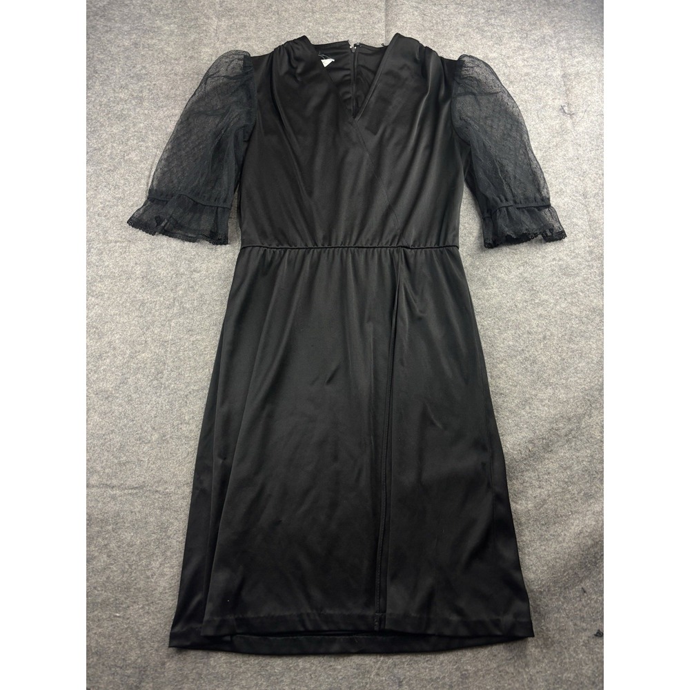 Vintage 1970s JC Penny Black Dress Sheer Puff Sleeve Evening Formal Women's 7/8